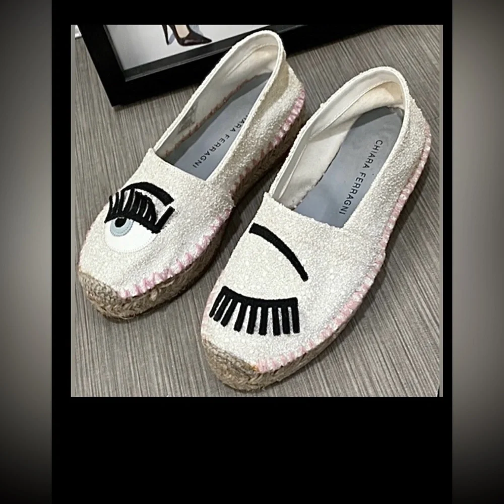 Chiara Ferragni Espadrille Jute Platforms w/ Winking Eye White  Glitter Size 5
